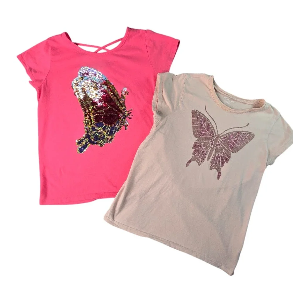 The Children's Place Butterfly Graphic T-Shirt Lot Girls 16 XXL Pink Sequin Y2K